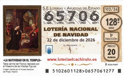 Anverso del d&eacute;cimo 65706 de la Loter&iacute;a de Navidad 2026, de M&aacute;laga